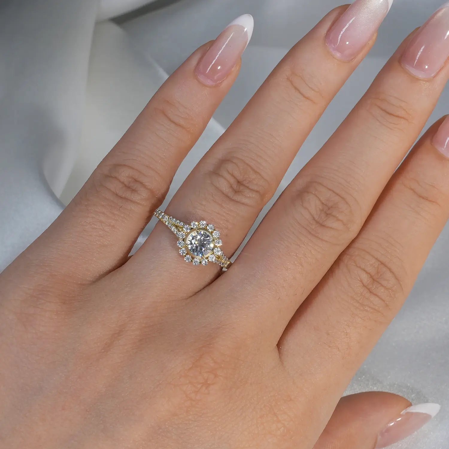 Halo Engagement Ring Cathedral setting Brilliant Round Cut Moissanite Diamond