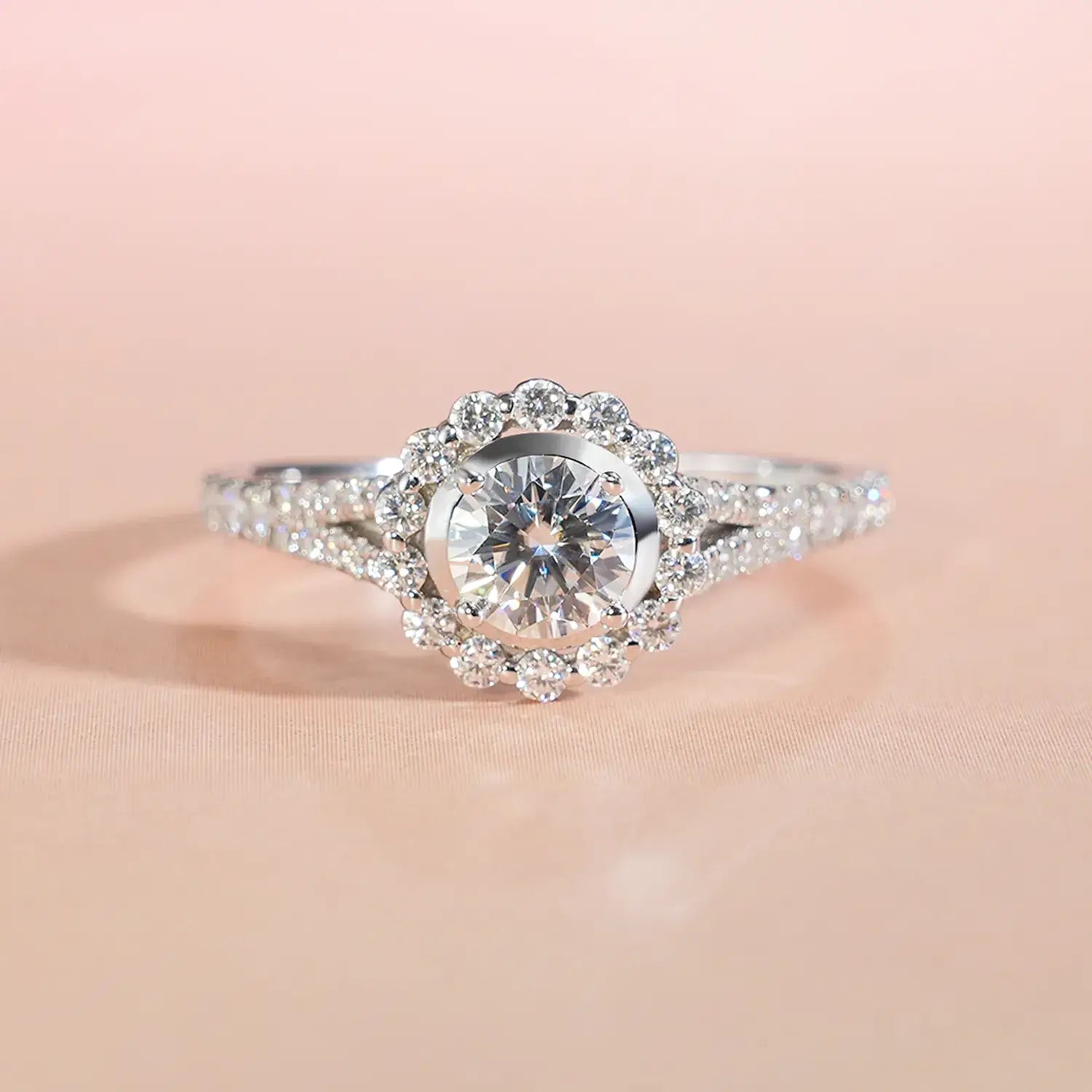 Halo Engagement Ring Cathedral setting Brilliant Round Cut Moissanite Diamond