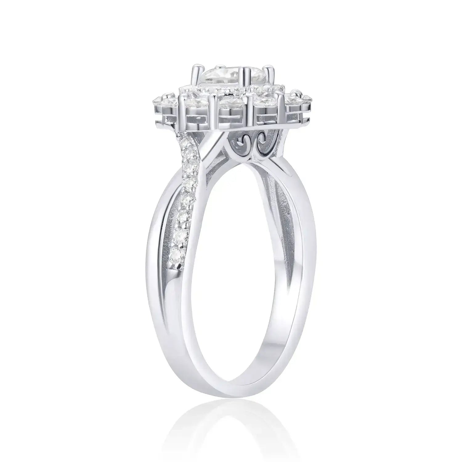 Double Halo Round Brilliant Moissanite Diamond Engagement Ring Twist Band