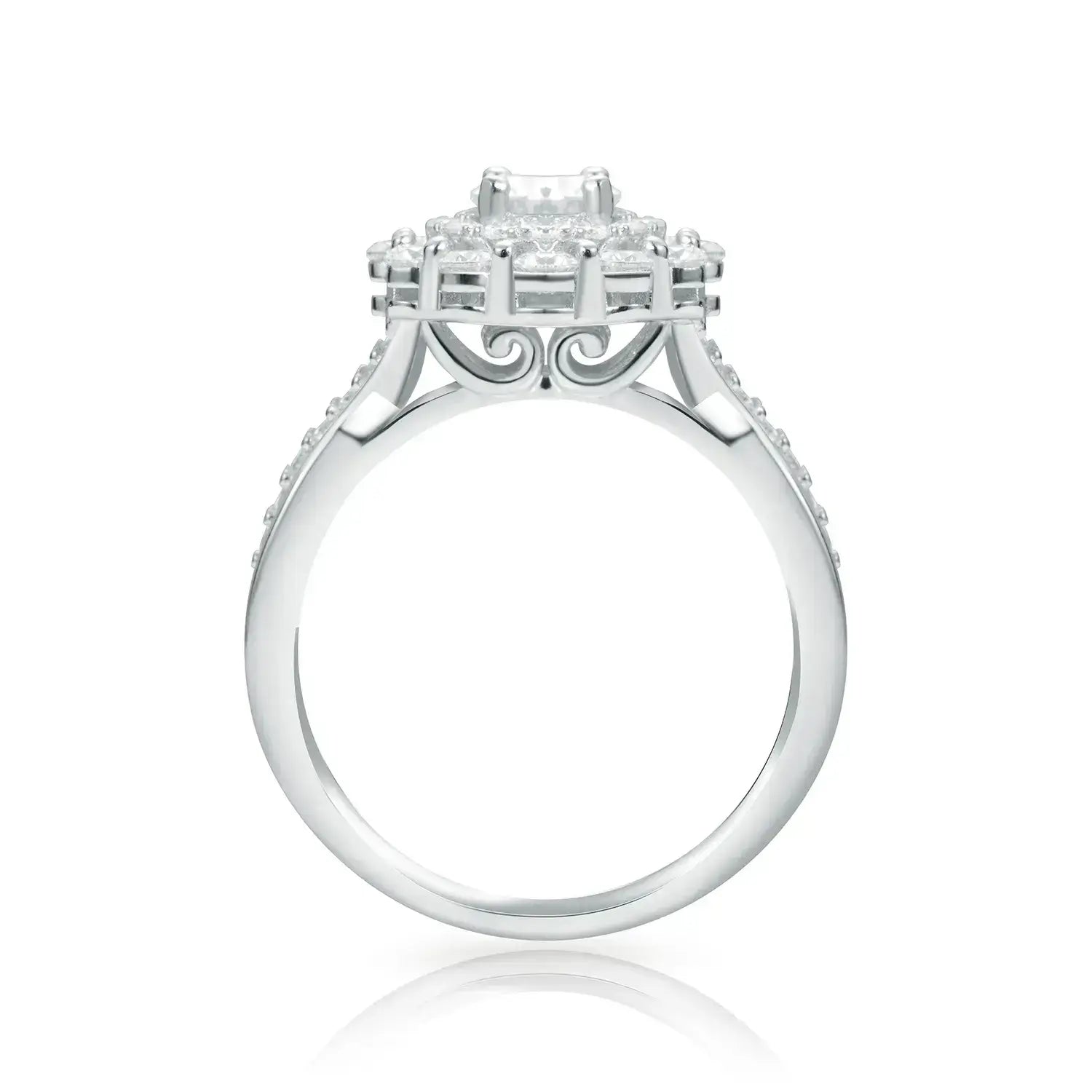 Double Halo Round Brilliant Moissanite Diamond Engagement Ring Twist Band