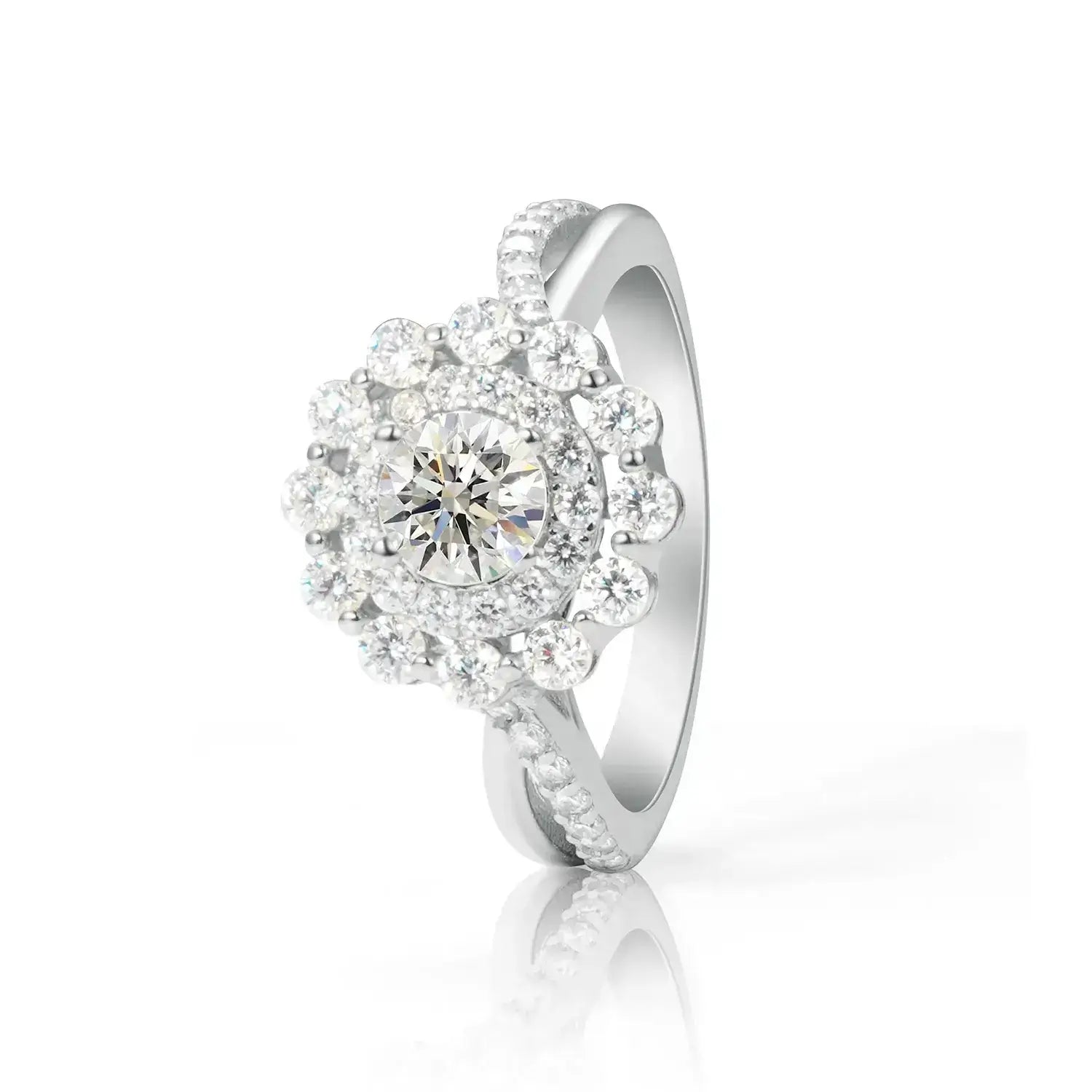 Double Halo Round Brilliant Moissanite Diamond Engagement Ring Twist Band