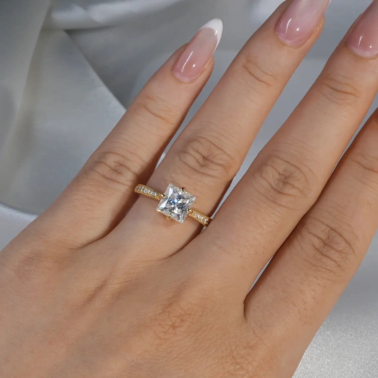 Princess cut Engagement Ring Compass Setting Moissanite Diamond