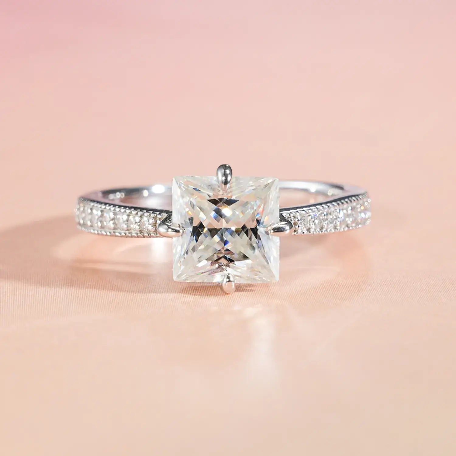 Princess cut Engagement Ring Compass Setting Moissanite Diamond