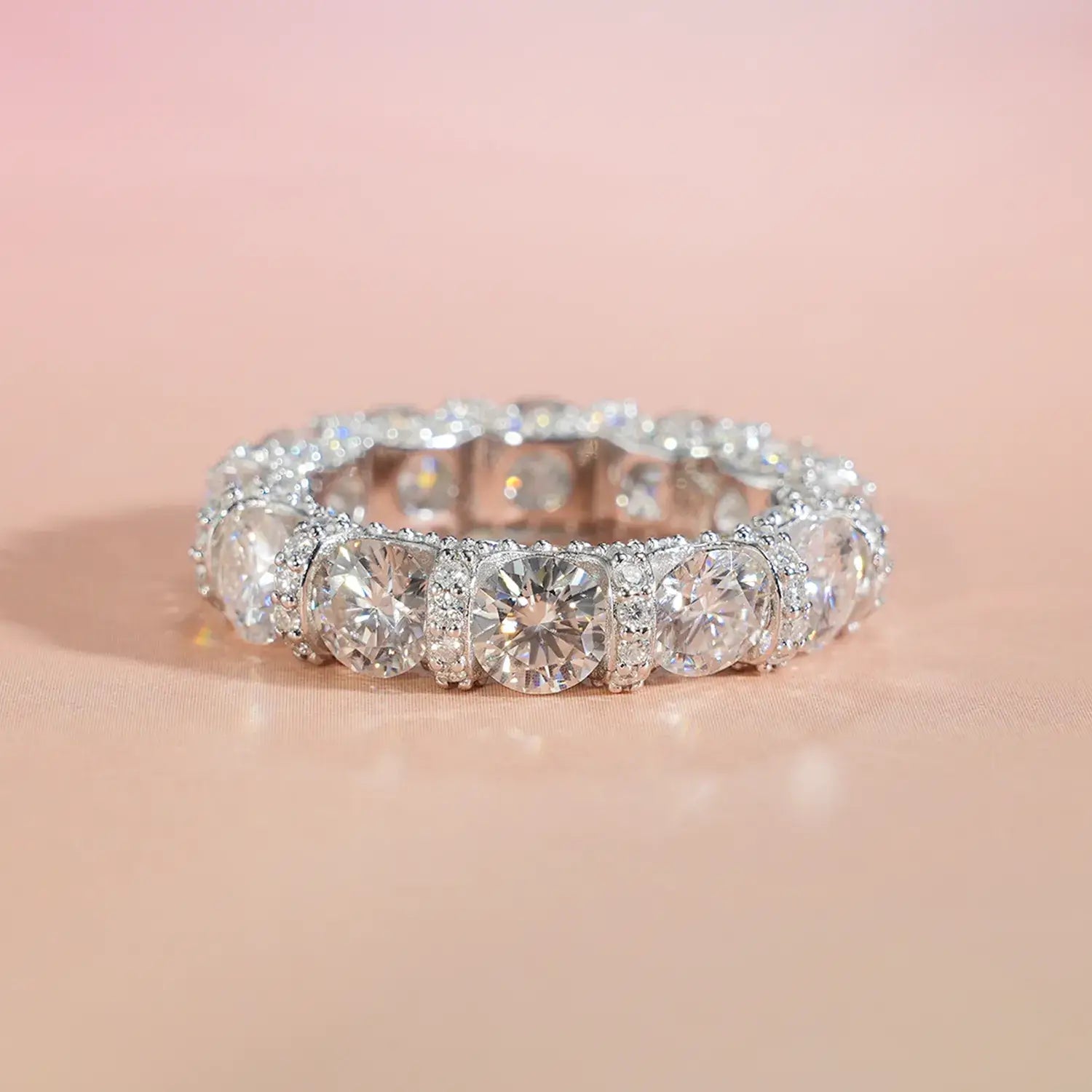 Round Cut Eternity Three-Sided Pave Moissanite Diamond Ring