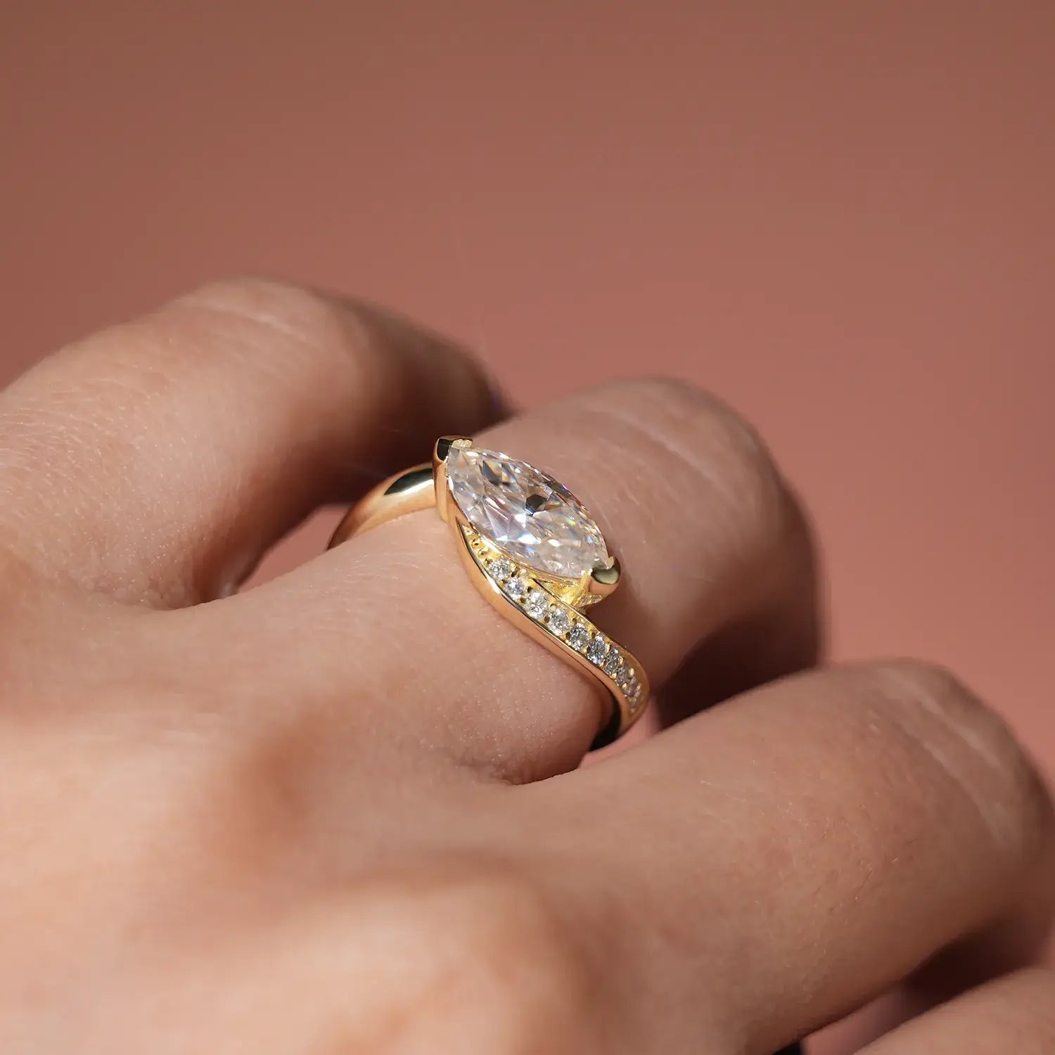 Bypass Eastwast Marquise Cut Moissanite Diamond Channel Pave Engagement Ring