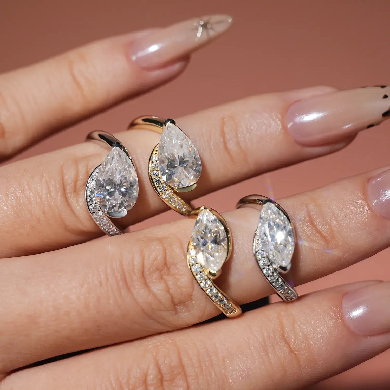 Bypass Eastwast Marquise Cut Moissanite Diamond Channel Pave Engagement Ring