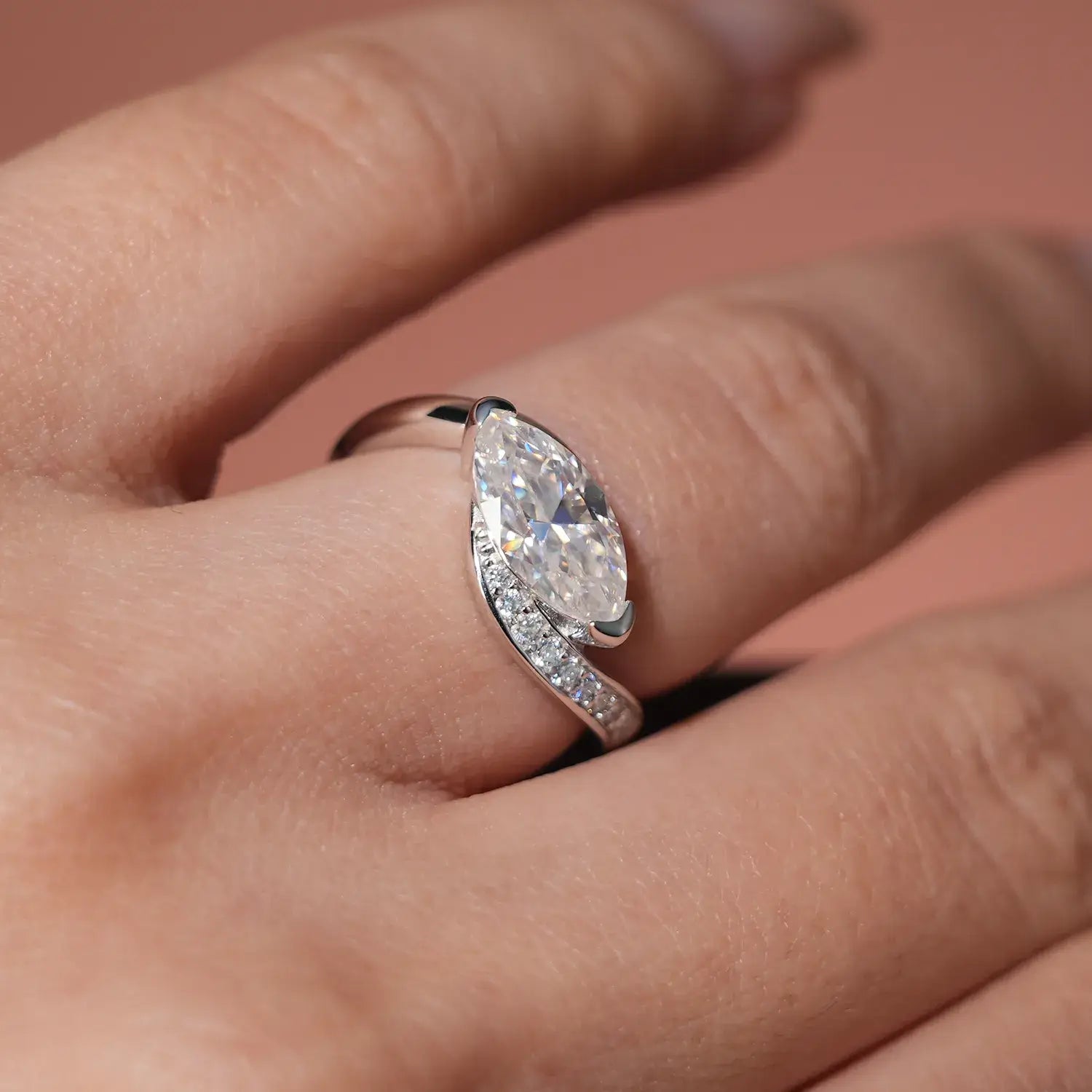 Bypass Eastwast Marquise Cut Moissanite Diamond Channel Pave Engagement Ring