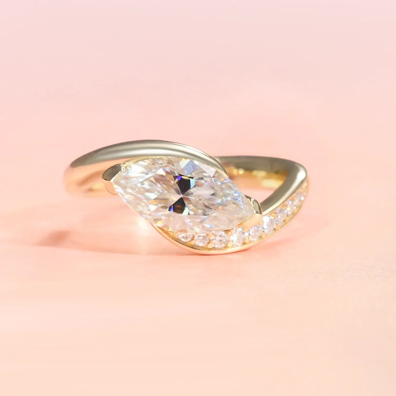 Bypass Eastwast Marquise Cut Moissanite Diamond Channel Pave Engagement Ring