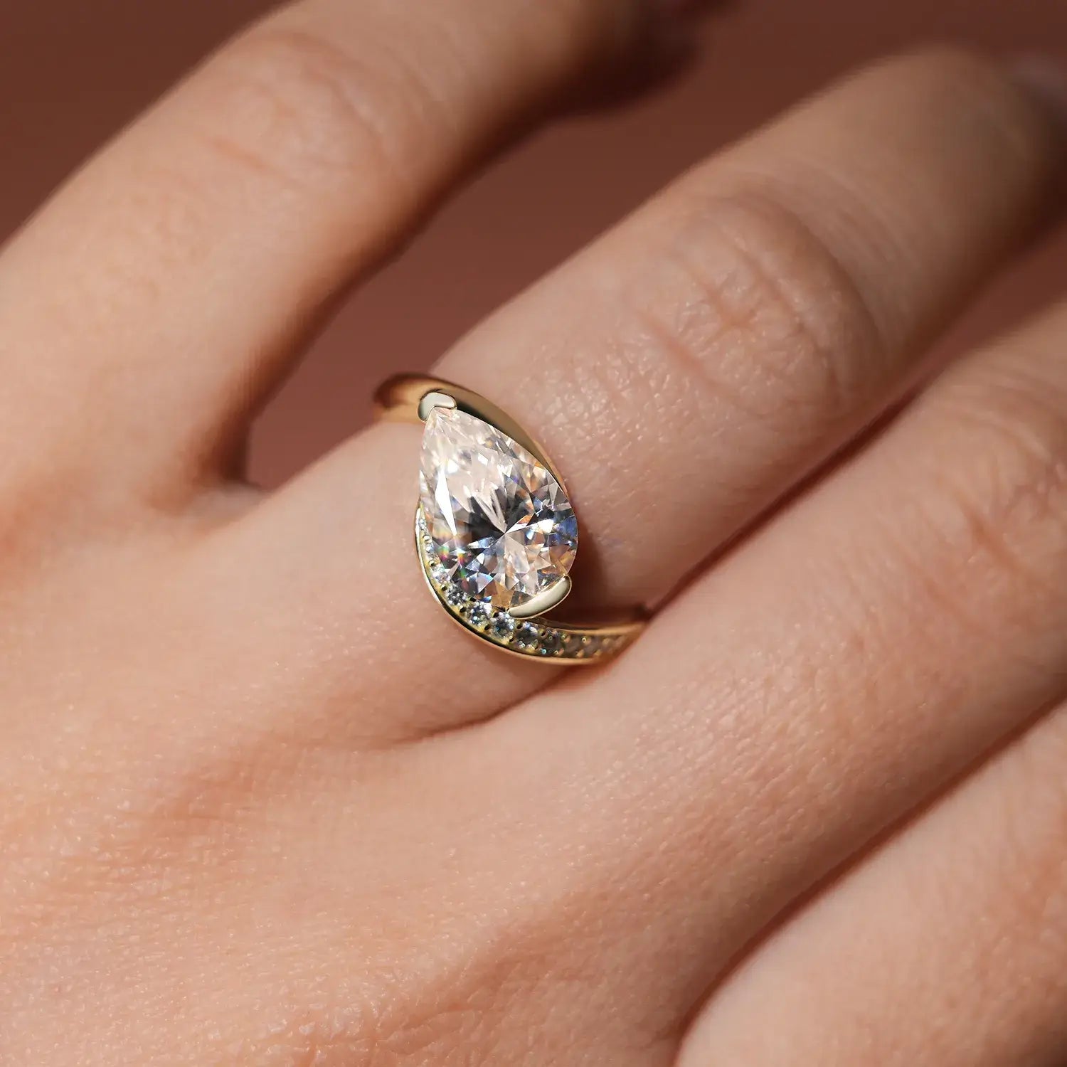 Bypass Eastwast Pear Cut Moissanite Diamond Channel Pave Engagement Ring