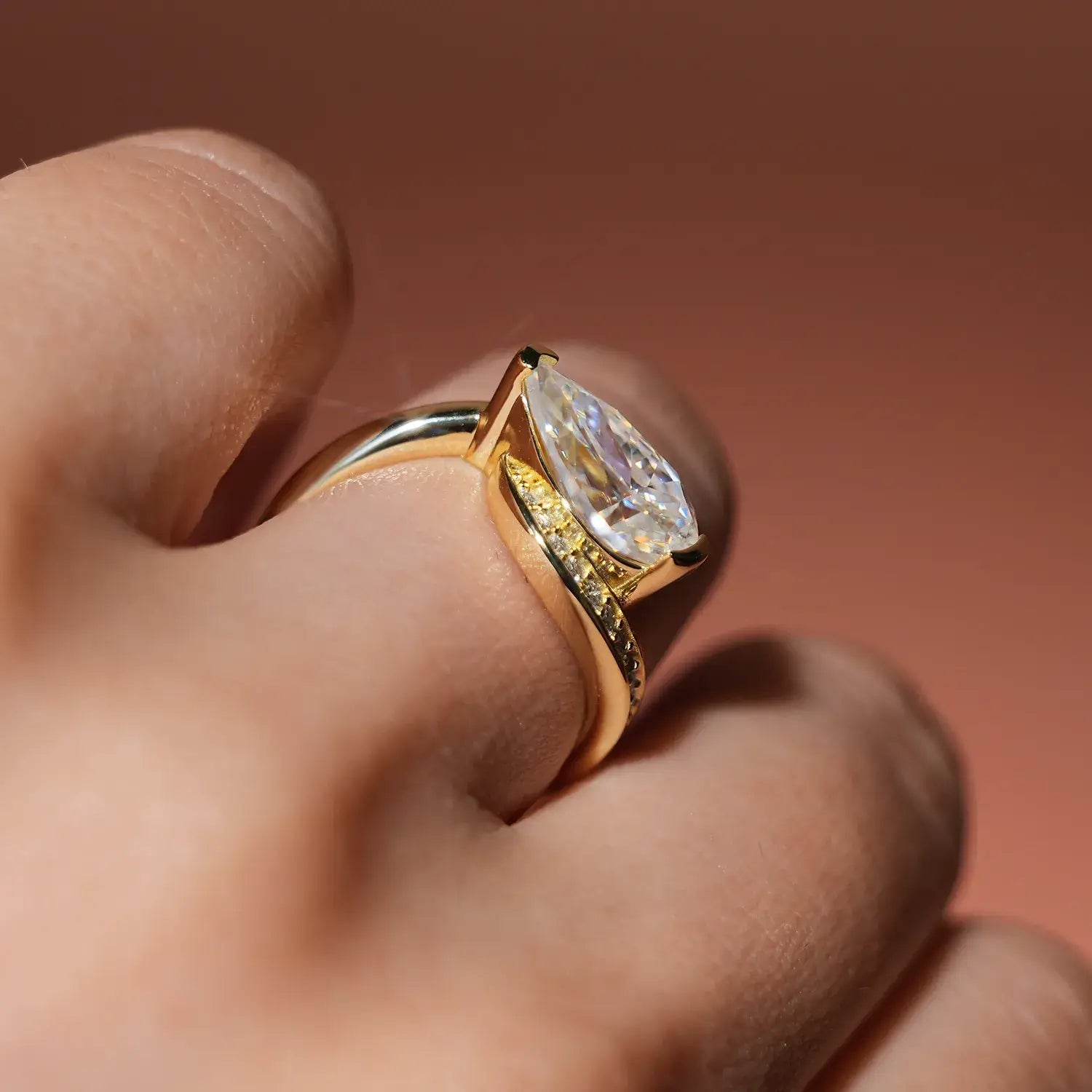 Bypass Eastwast Pear Cut Moissanite Diamond Channel Pave Engagement Ring