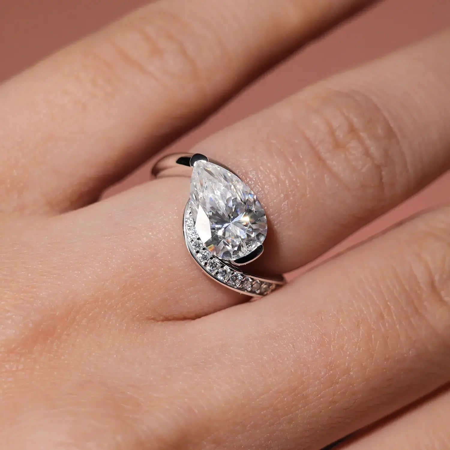 Bypass Eastwast Pear Cut Moissanite Diamond Channel Pave Engagement Ring