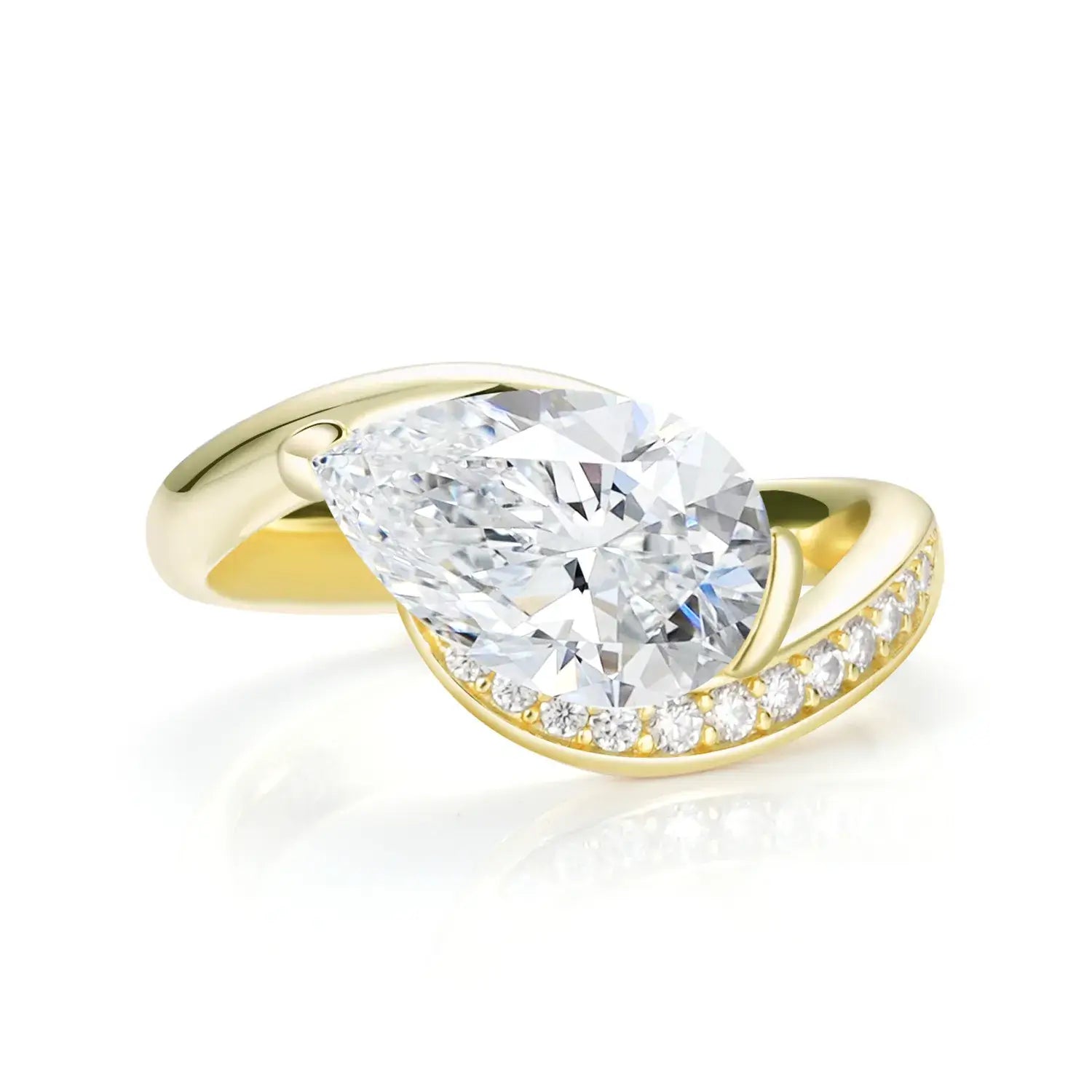 Bypass Eastwast Pear Cut Moissanite Diamond Channel Pave Engagement Ring