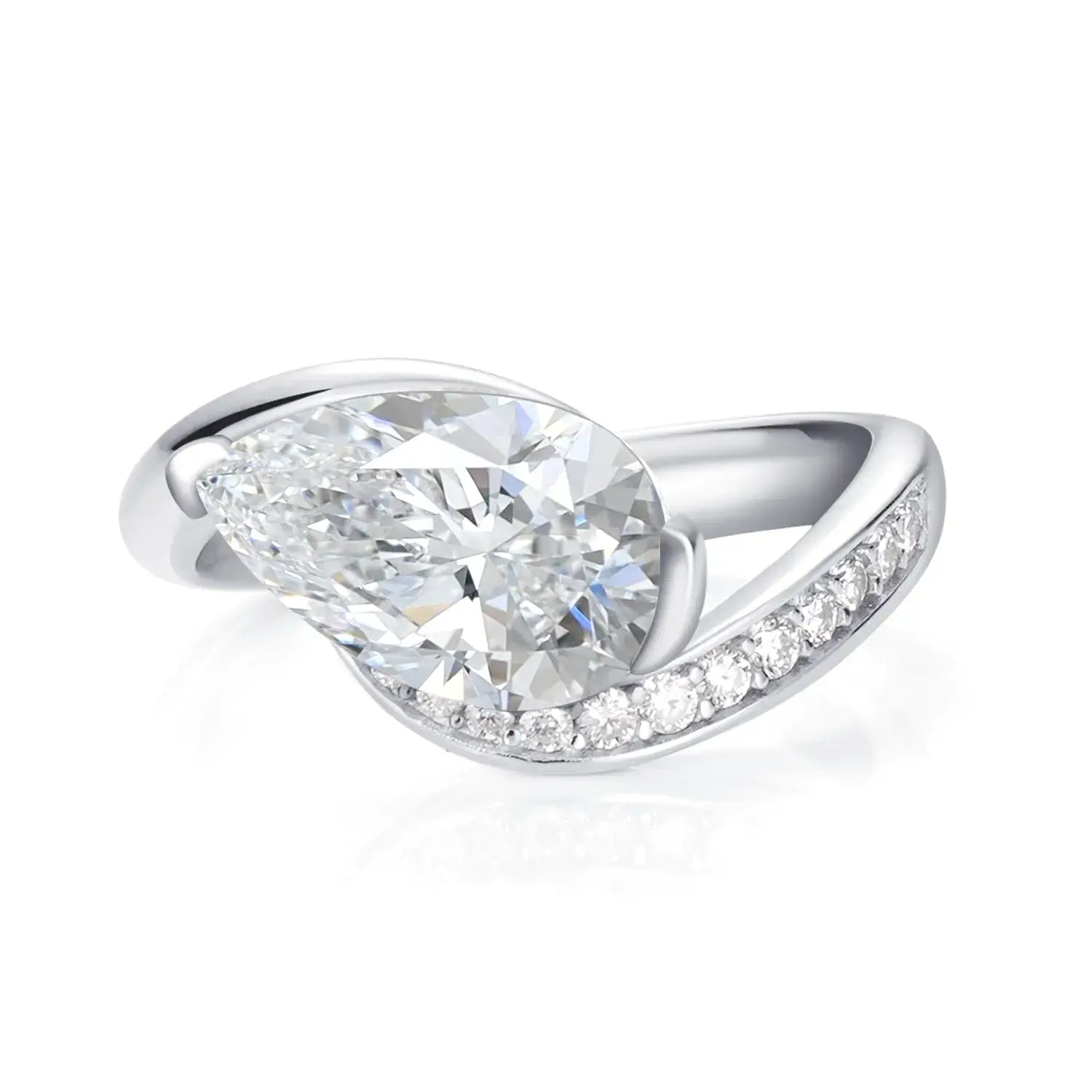 Bypass Eastwast Pear Cut Moissanite Diamond Channel Pave Engagement Ring