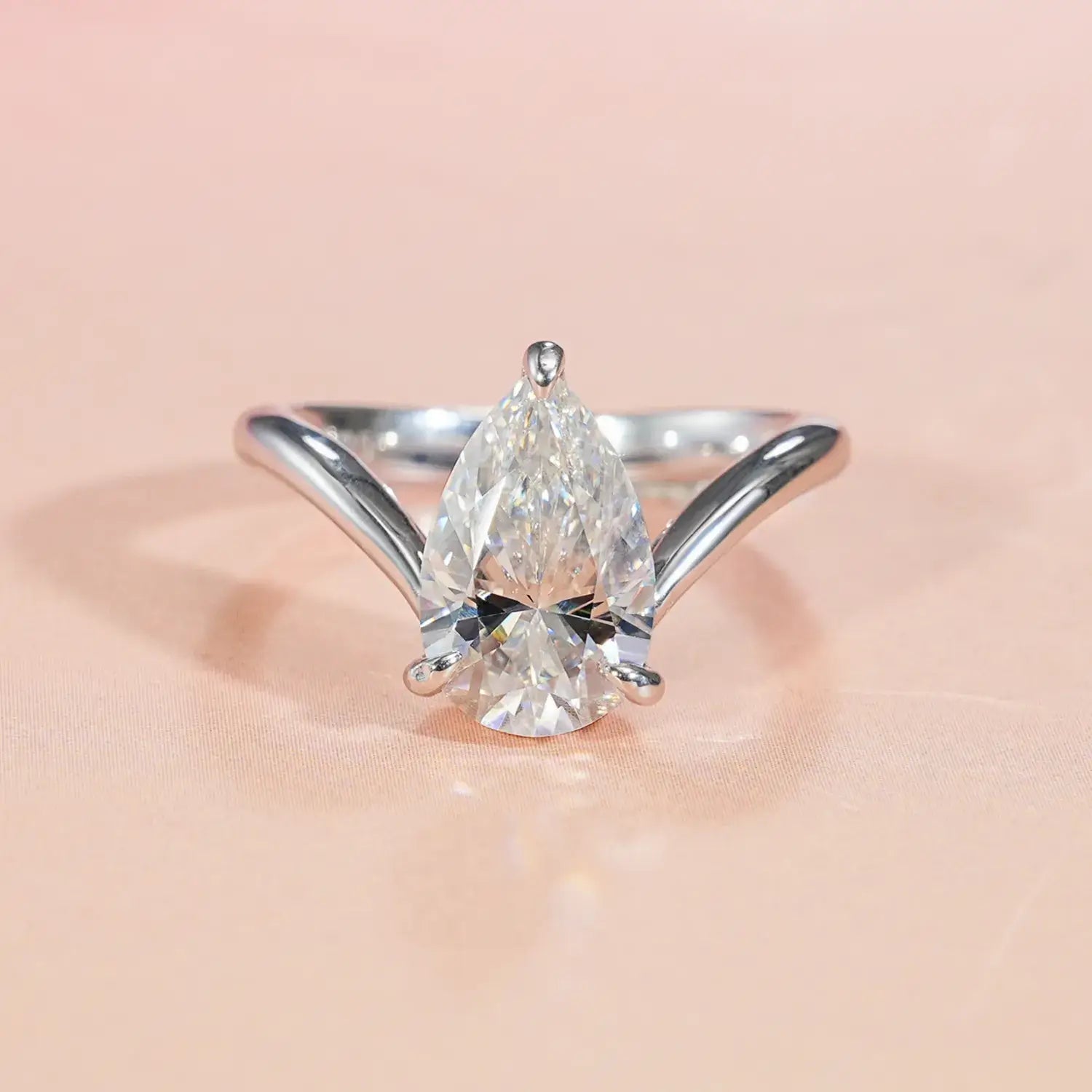 Chevron Pear Cut Moissanite Diamond Solitaire Stackable Engagement Ring