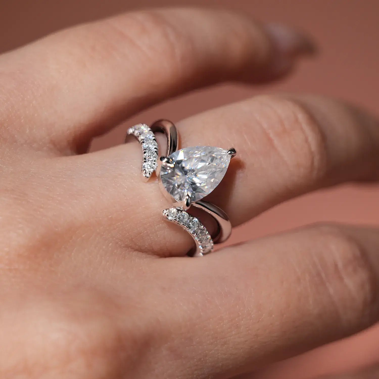 Chevron Pave Cut Moissanite Diamond Solitaire Engagement Ring