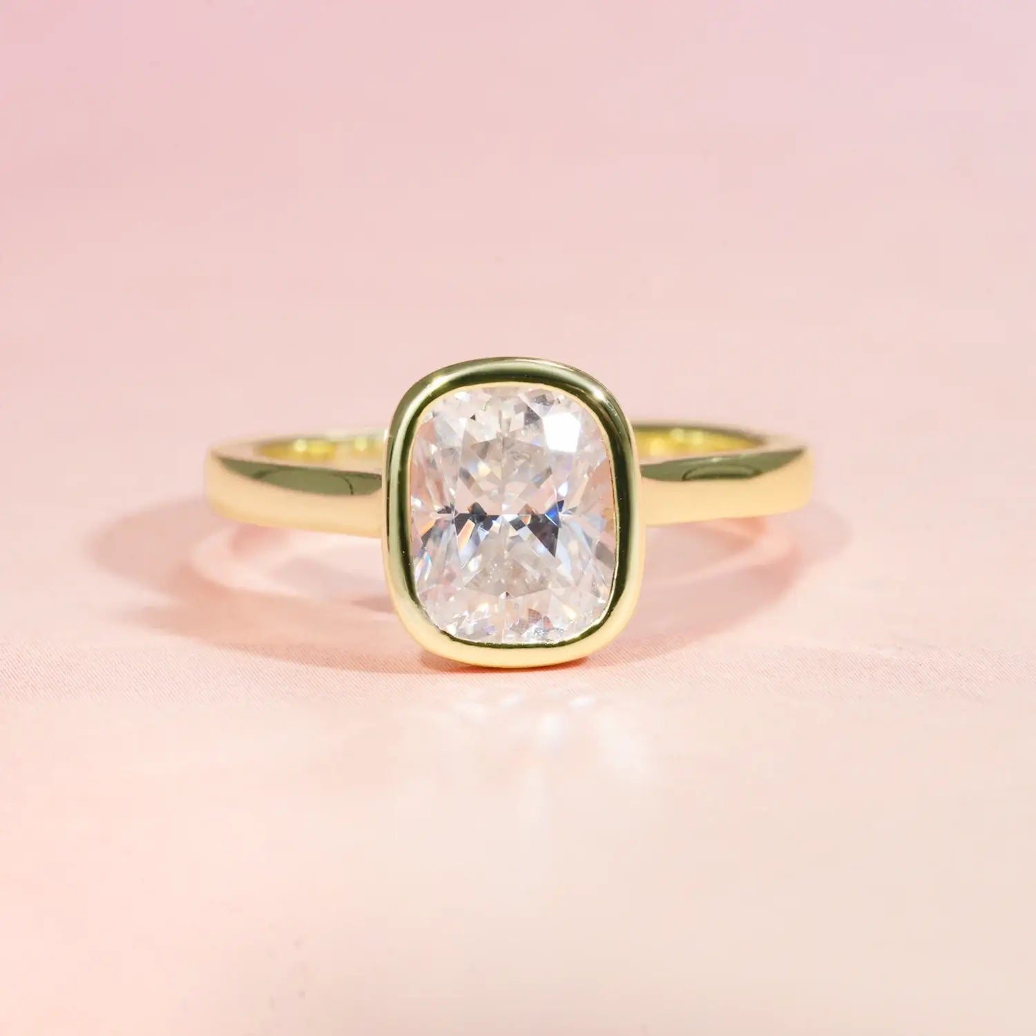 Bezel Set Engagement Ring with 2CT Long Cushion Cut Diamond Hidden Halo