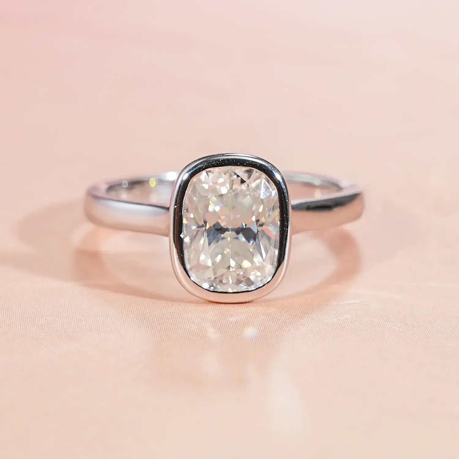 Bezel Set Engagement Ring with 2CT Long Cushion Cut Diamond Hidden Halo