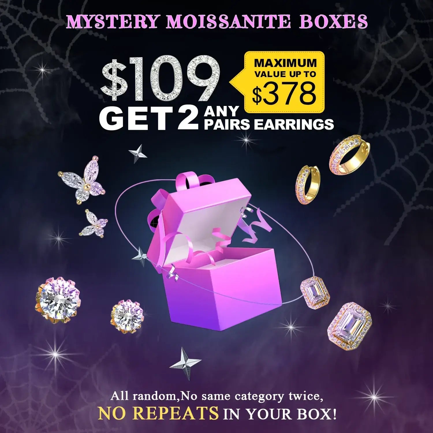 $109 Moissanite Mystery Box – Get Mix 2 Earrings